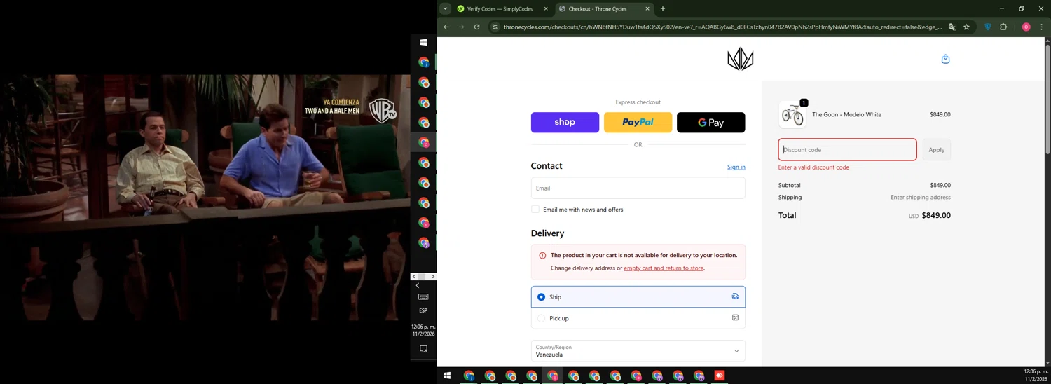Throne Cycles promo code screenshot showing code SAVE20 applied at Throne Cycles checkout page. Uploaded by SimplyCodes community member LegendaryRanger6350 on Feb 11, 2026