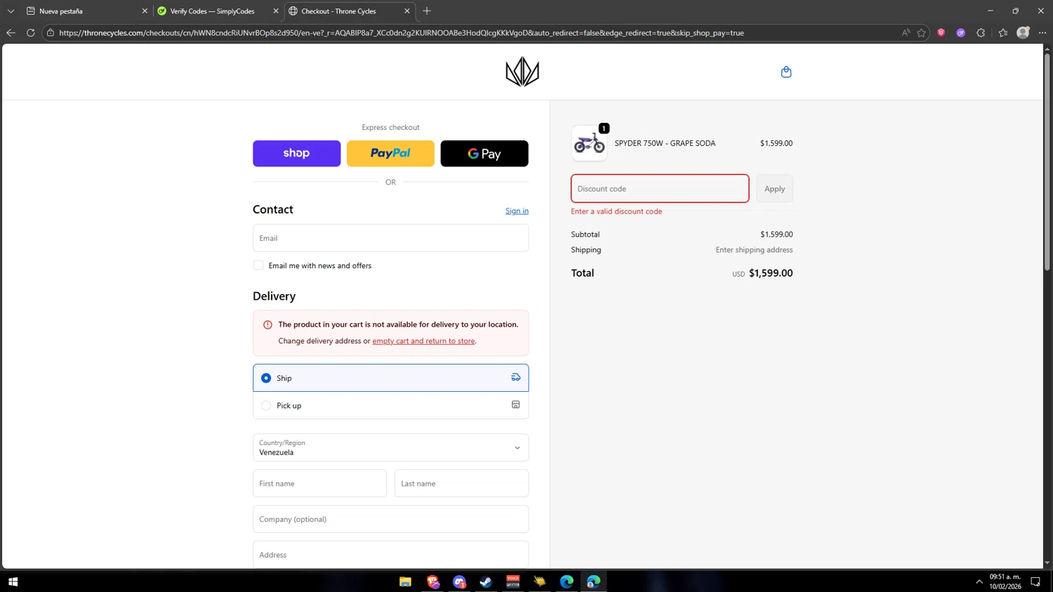 Throne Cycles promo code screenshot showing code SAVE20 applied at Throne Cycles checkout page. Uploaded by SimplyCodes community member Mondongo on Feb 10, 2026