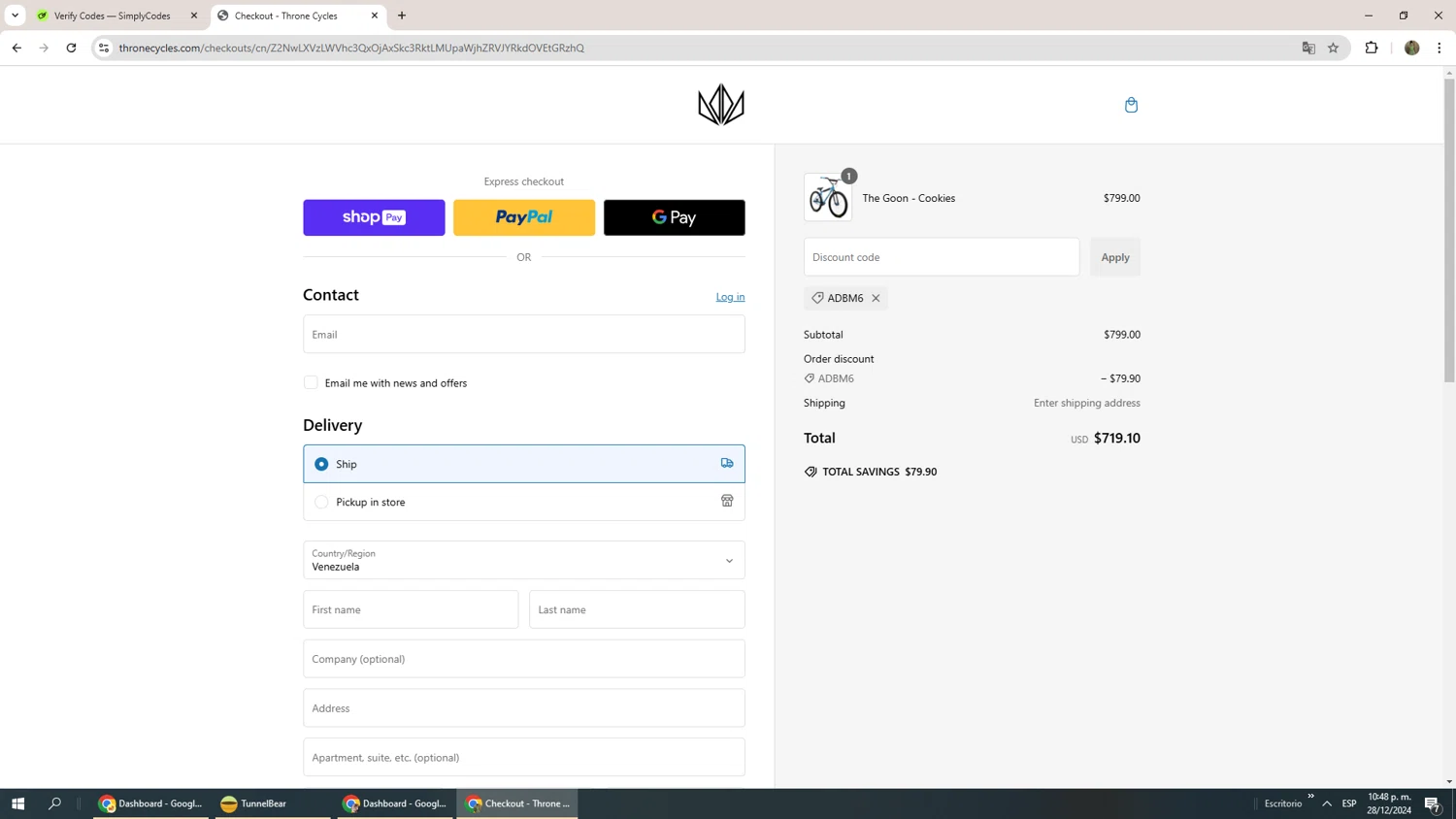Throne Cycles promo code screenshot showing code ADBM6 applied at Throne Cycles checkout page. Uploaded by SimplyCodes community member Phoenix585 on Dec 29, 2024