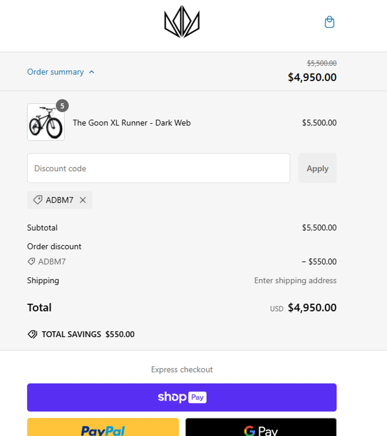 Throne Cycles promo code screenshot showing code ADBM7 applied at Throne Cycles checkout page. Uploaded by SimplyCodes community member usenameeeee on Dec 29, 2024