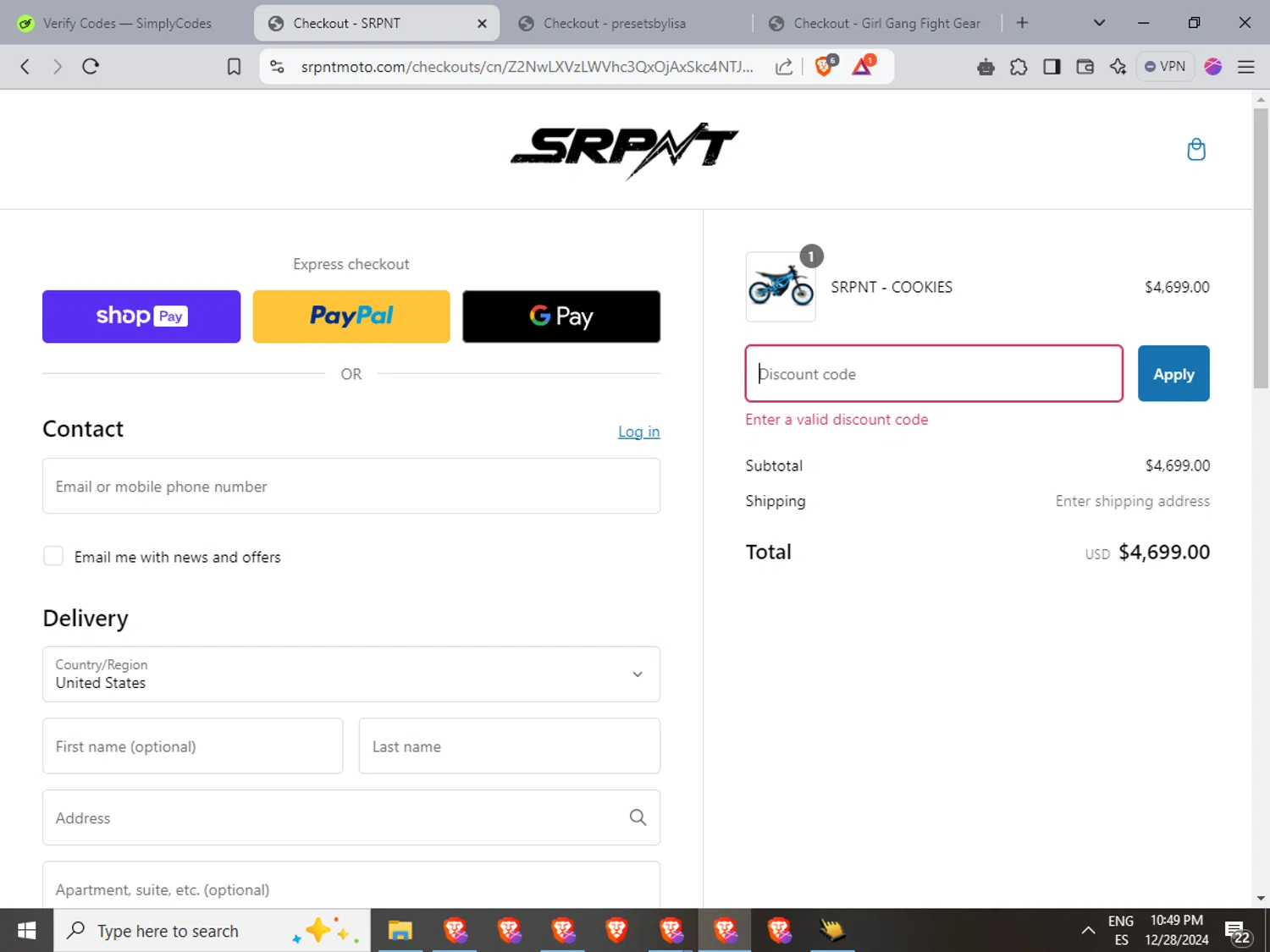 Throne Cycles promo code screenshot showing code ADBM7 applied at Throne Cycles checkout page. Uploaded by SimplyCodes community member LuckyFinder3550 on Dec 29, 2024