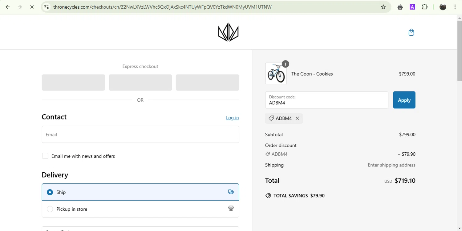 Throne Cycles promo code screenshot showing code ADBM4 applied at Throne Cycles checkout page. Uploaded by SimplyCodes community member Jesusvasquezzz on Dec 29, 2024