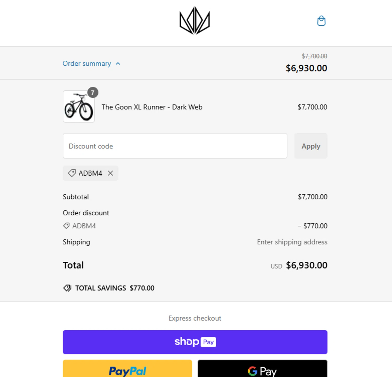 Throne Cycles promo code screenshot showing code ADBM4 applied at Throne Cycles checkout page. Uploaded by SimplyCodes community member ELMORADO on Dec 29, 2024