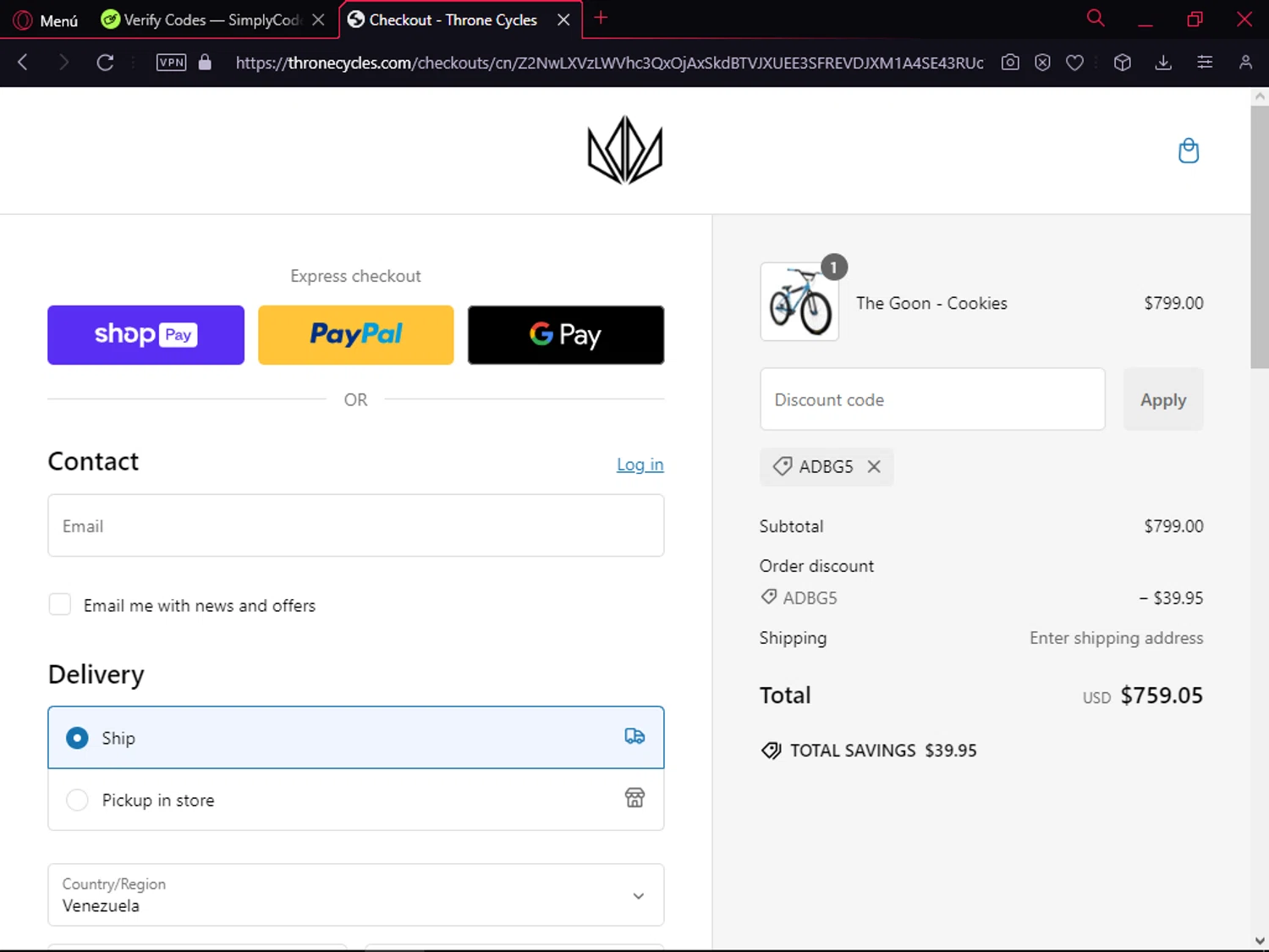 Throne Cycles promo code screenshot showing code ADBG5 applied at Throne Cycles checkout page. Uploaded by SimplyCodes community member CodeSeeker9284 on Dec 30, 2024