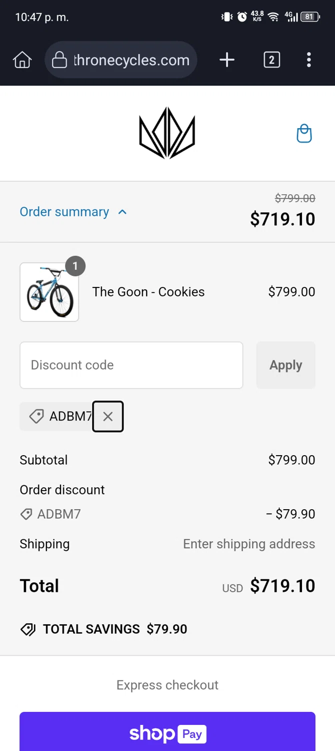 Throne Cycles promo code screenshot showing code ADBM7 applied at Throne Cycles checkout page. Uploaded by SimplyCodes community member ValueMaven6776 on Dec 29, 2024