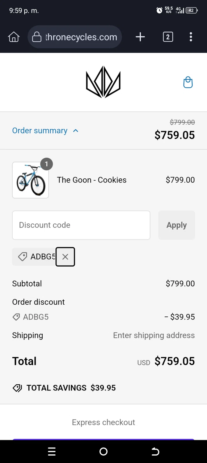 Throne Cycles promo code screenshot showing code ADBG5 applied at Throne Cycles checkout page. Uploaded by SimplyCodes community member ValueMaven6776 on Dec 30, 2024