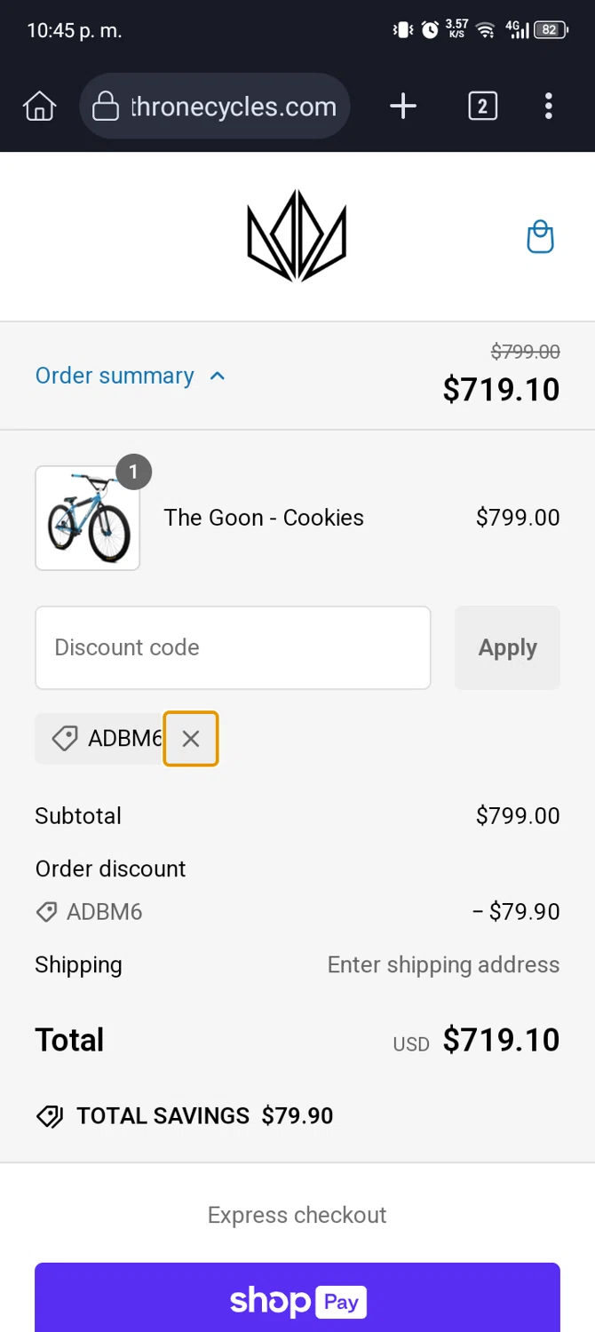 Throne Cycles promo code screenshot showing code ADBM6 applied at Throne Cycles checkout page. Uploaded by SimplyCodes community member ValueMaven6776 on Dec 29, 2024