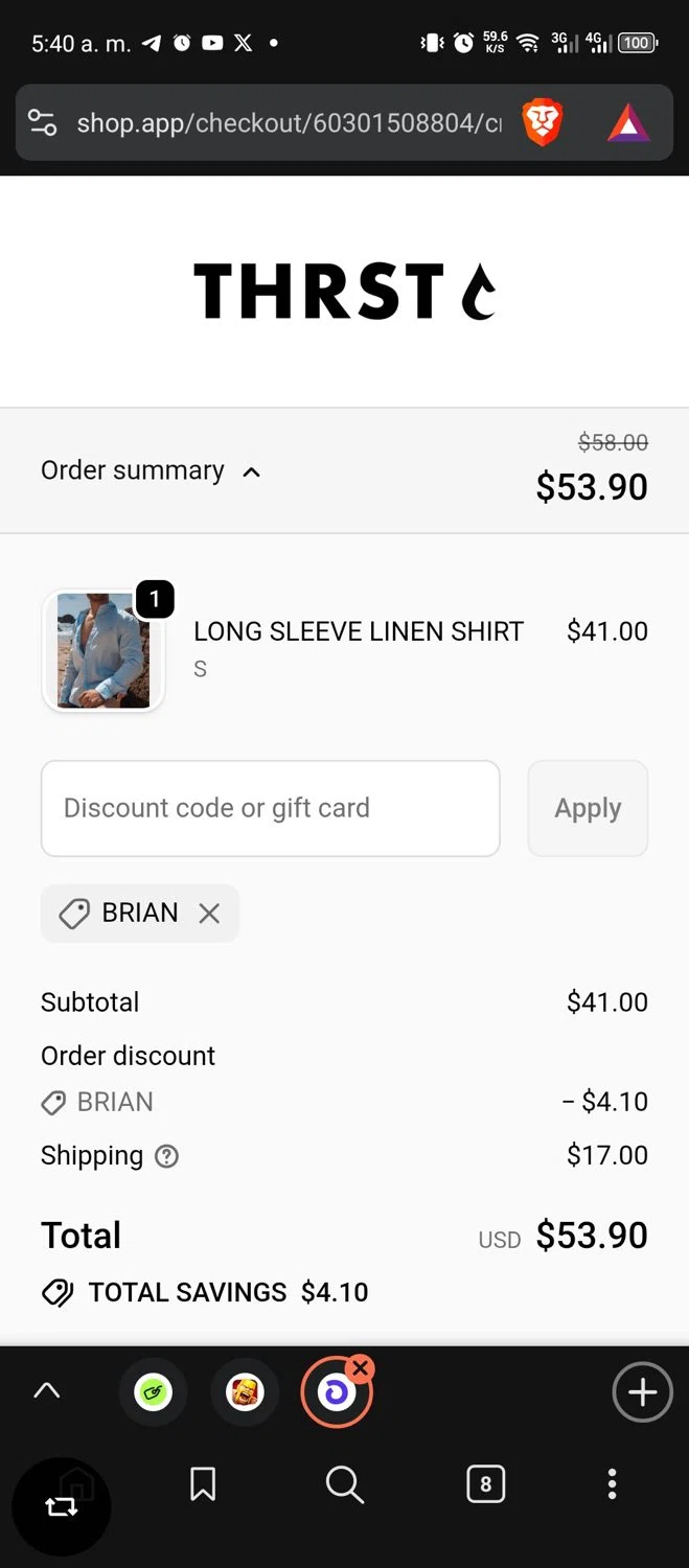 THRST discount code screenshot showing code BRIAN applied at THRST checkout page. Uploaded by SimplyCodes community member 61451681 on Nov 15, 2025