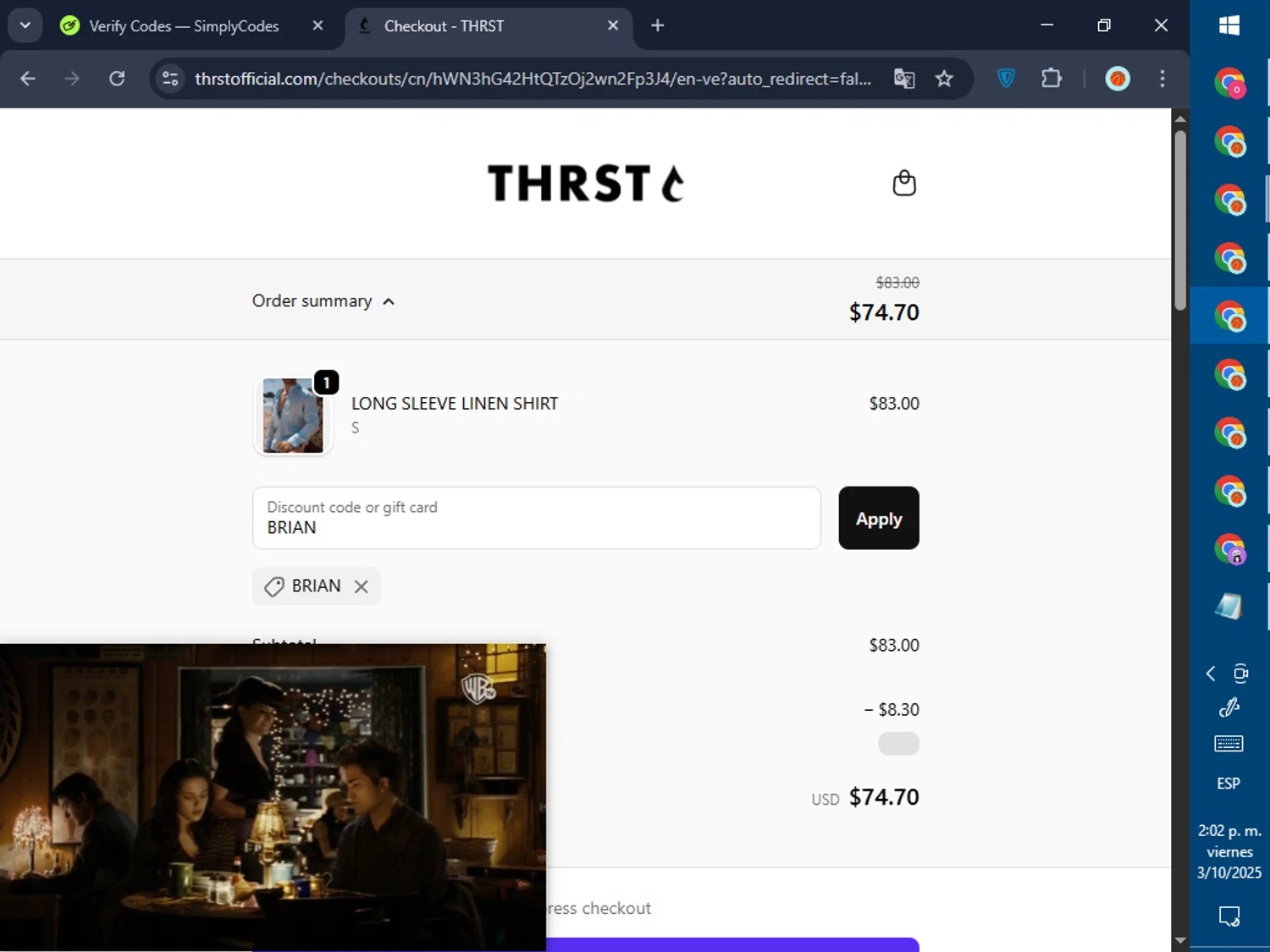 THRST discount code screenshot showing code BRIAN applied at THRST checkout page. Uploaded by SimplyCodes community member GoldPilot5958 on Oct 3, 2025