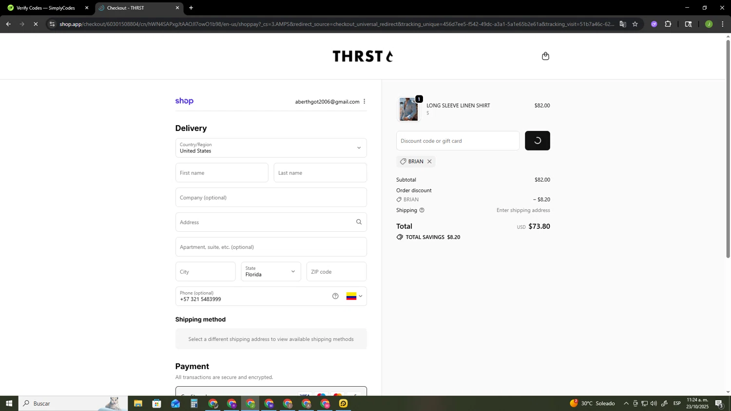 THRST discount code screenshot showing code BRIAN applied at THRST checkout page. Uploaded by SimplyCodes community member SAIKOO on Oct 23, 2025