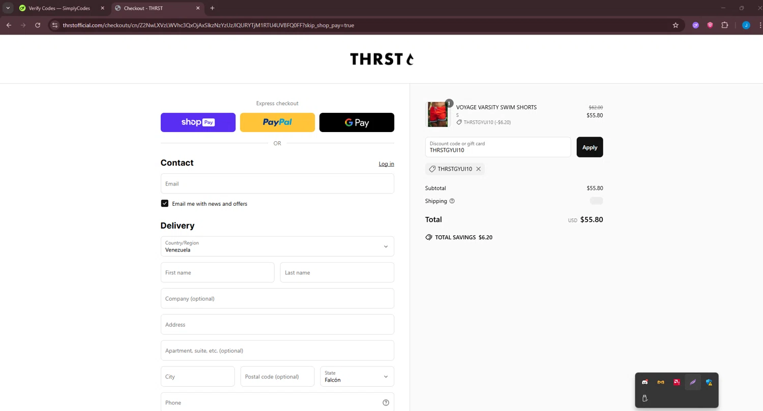 THRST discount code screenshot showing code THRSTGYUI10 applied at THRST checkout page. Uploaded by SimplyCodes community member BargainGuardian280 on Jun 19, 2025