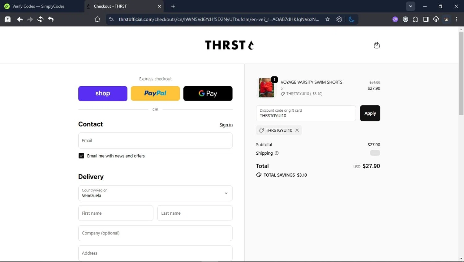THRST discount code screenshot showing code THRSTGYUI10 applied at THRST checkout page. Uploaded by SimplyCodes community member User_Randon1 on Nov 20, 2025