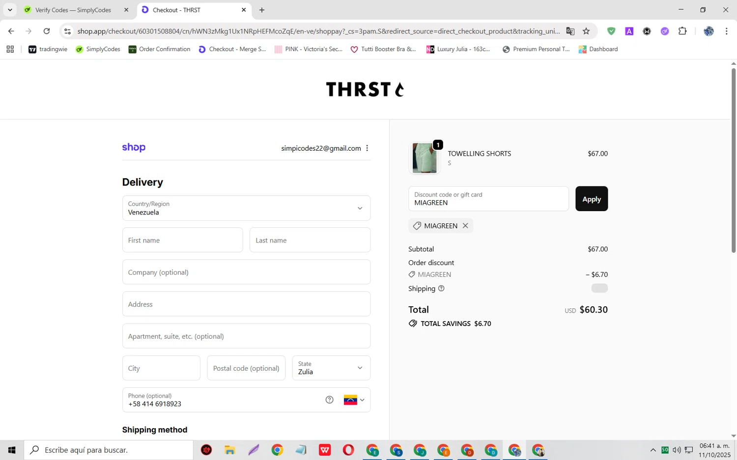 THRST discount code screenshot showing code MIAGREEN applied at THRST checkout page. Uploaded by SimplyCodes community member JoseH45 on Oct 11, 2025