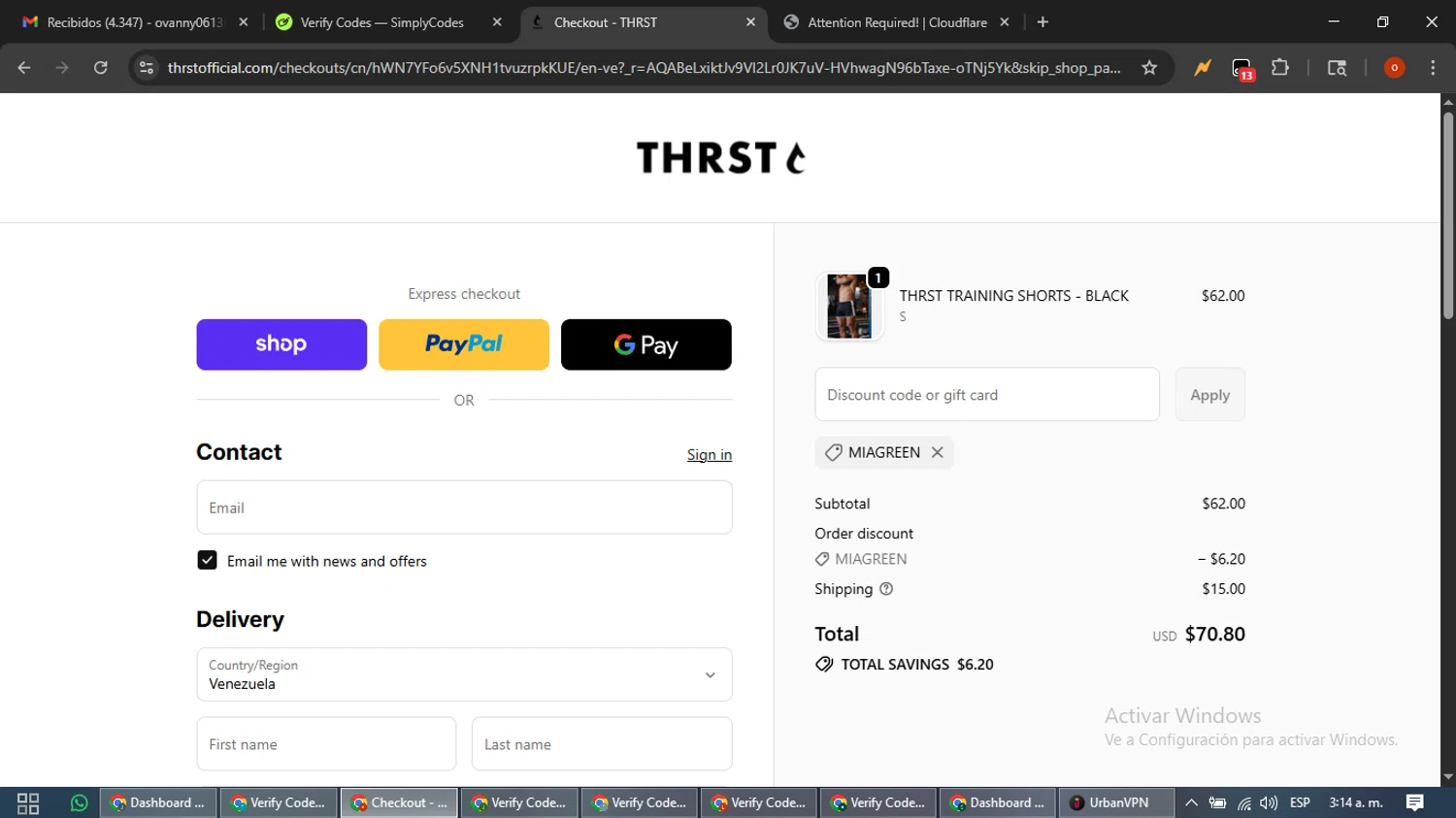 THRST discount code screenshot showing code MIAGREEN applied at THRST checkout page. Uploaded by SimplyCodes community member WiseTracker2171 on Jan 13, 2026
