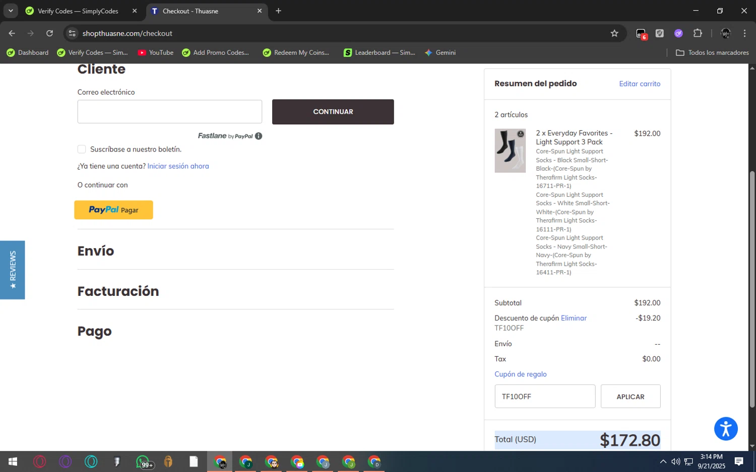 Thuasne promo code screenshot showing code TF10OFF applied at Thuasne checkout page. Uploaded by SimplyCodes community member ArizaJesus on Sep 21, 2025