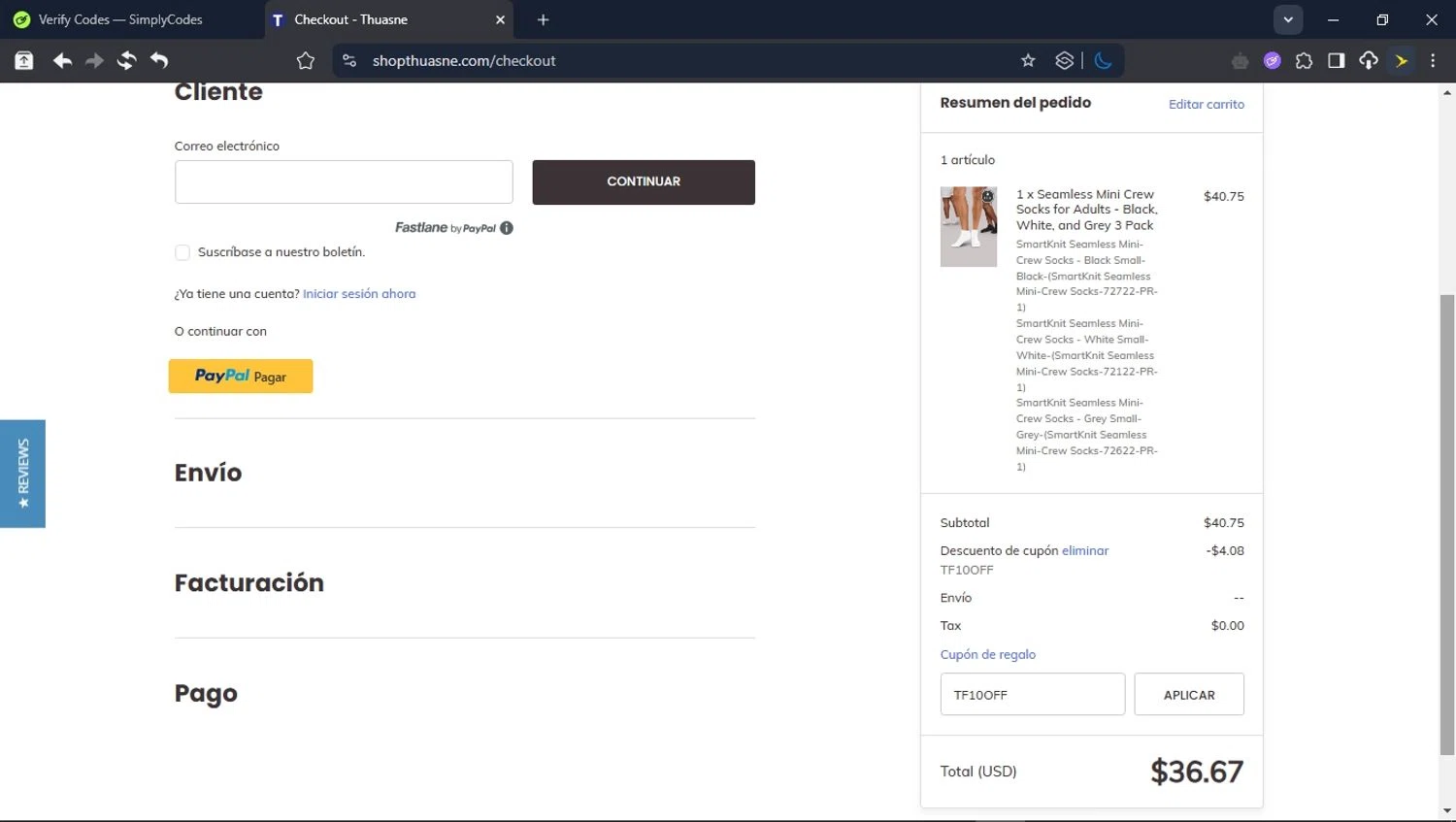 Thuasne promo code screenshot showing code TF10OFF applied at Thuasne checkout page. Uploaded by SimplyCodes community member GoldScout9735 on May 15, 2025