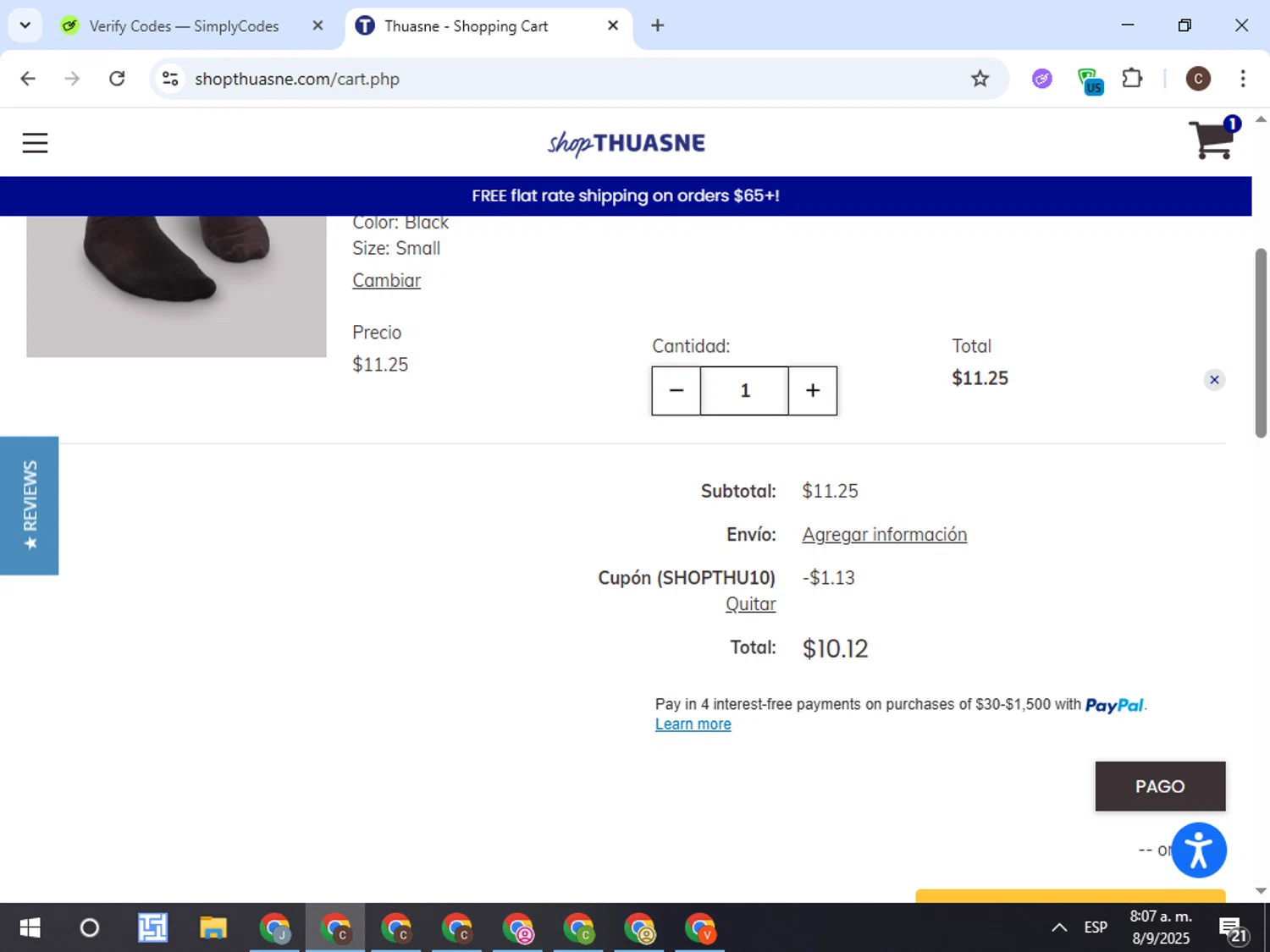 Thuasne promo code screenshot showing code SHOPTHU10 applied at Thuasne checkout page. Uploaded by SimplyCodes community member TreasureFox8596 on Sep 8, 2025