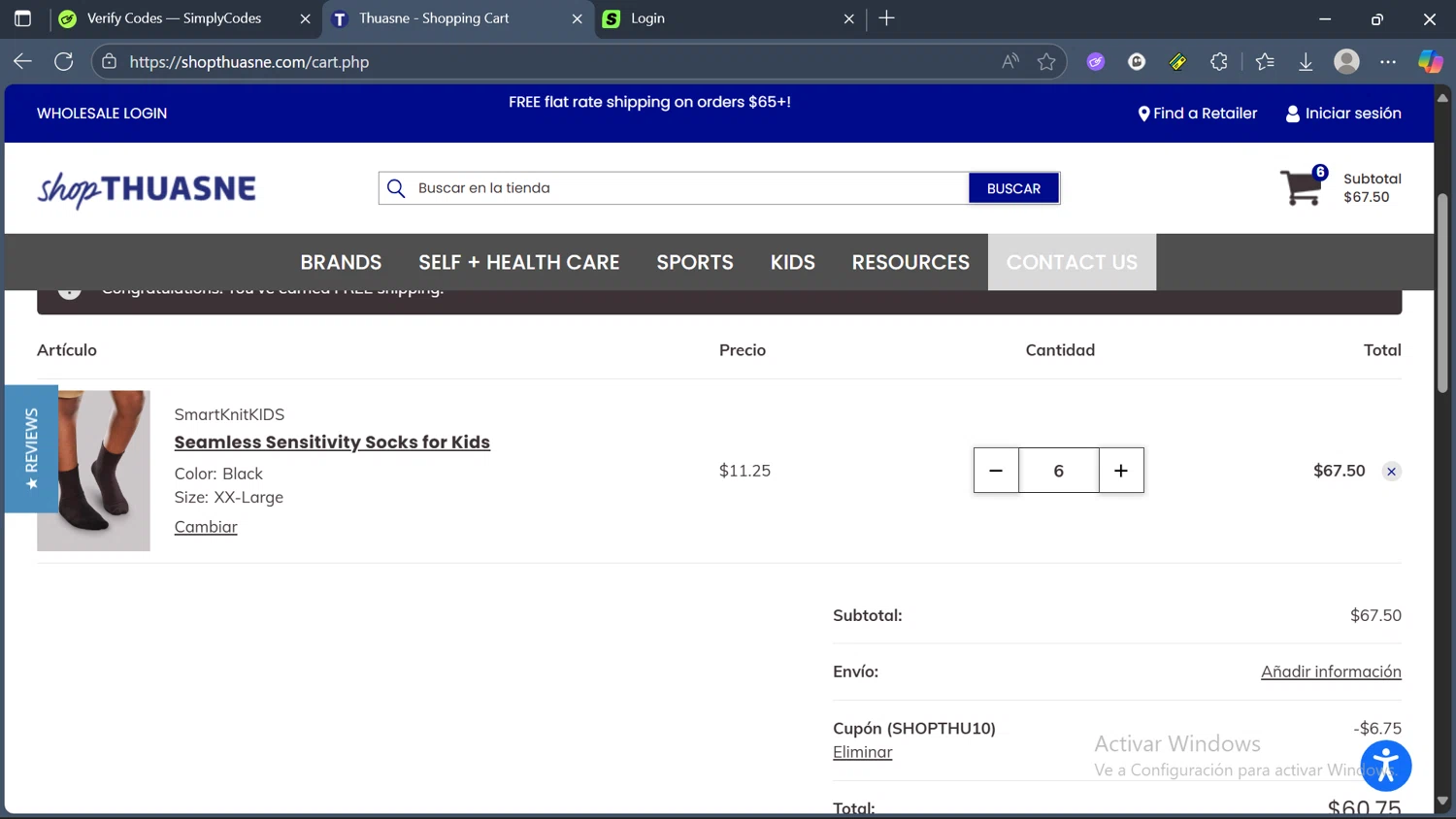 Thuasne promo code screenshot showing code SHOPTHU10 applied at Thuasne checkout page. Uploaded by SimplyCodes community member comidaparallevar on Oct 20, 2025