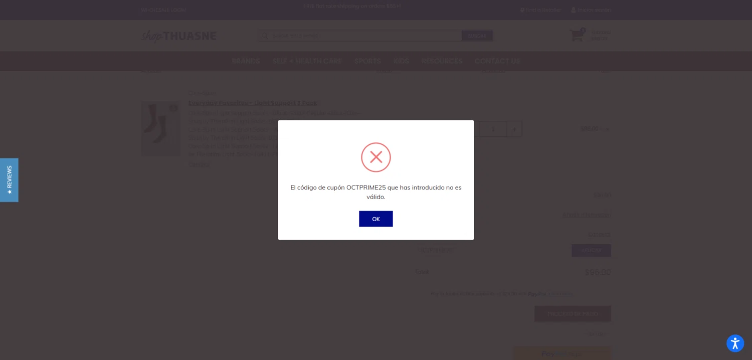 Thuasne promo code screenshot showing code OCTPRIME25 applied at Thuasne checkout page. Uploaded by SimplyCodes community member TokenNavigator3088 on Oct 26, 2025