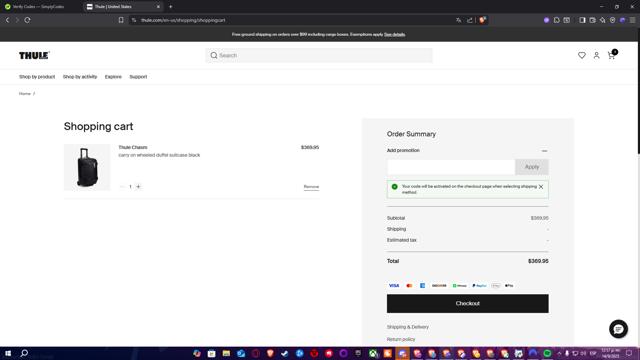 Thule checkout page showing Thule promo code box | Screenshot taken by SimplyCodes community member on Sep 14, 2025