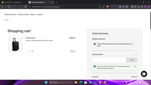 Thule checkout page showing Thule promo code box | Screenshot taken by SimplyCodes community member on Aug 24, 2025