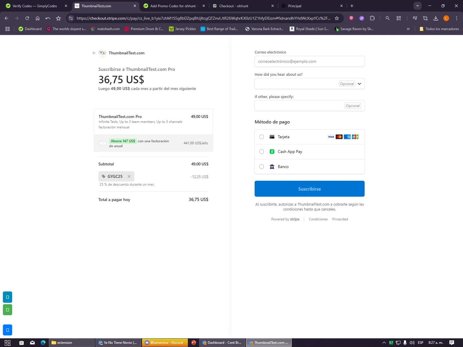 Thumbnail Test promo code screenshot showing code GYGC25 applied at Thumbnail Test checkout page. Uploaded by SimplyCodes community member VayneChambeadora on Dec 9, 2025