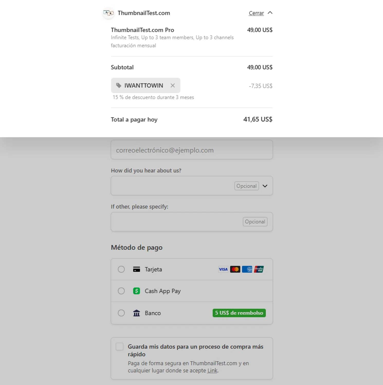 Thumbnail Test promo code screenshot showing code IWANTTOWIN applied at Thumbnail Test checkout page. Uploaded by SimplyCodes community member Beaaalmera on Oct 7, 2025