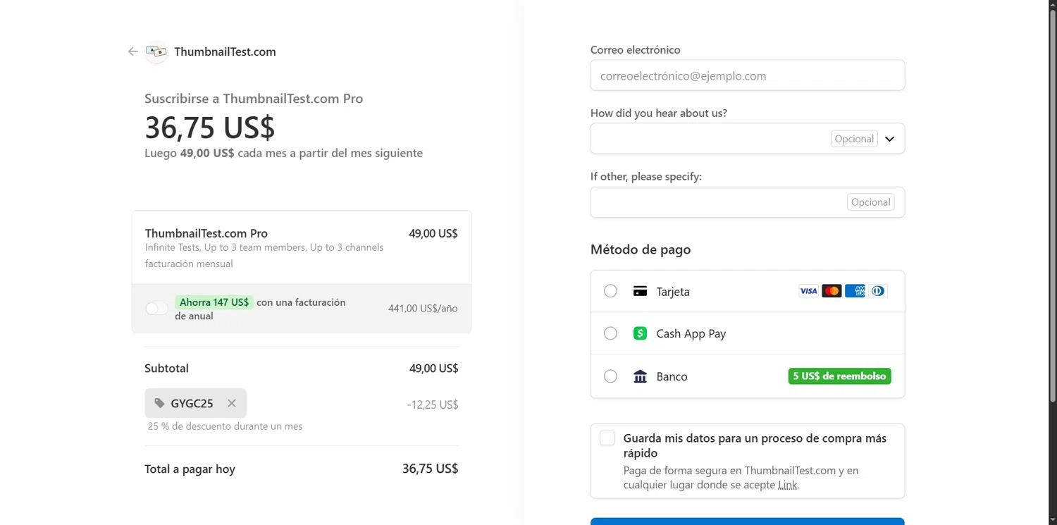 Thumbnail Test promo code screenshot showing code GYGC25 applied at Thumbnail Test checkout page. Uploaded by SimplyCodes community member Depressive on Oct 12, 2025