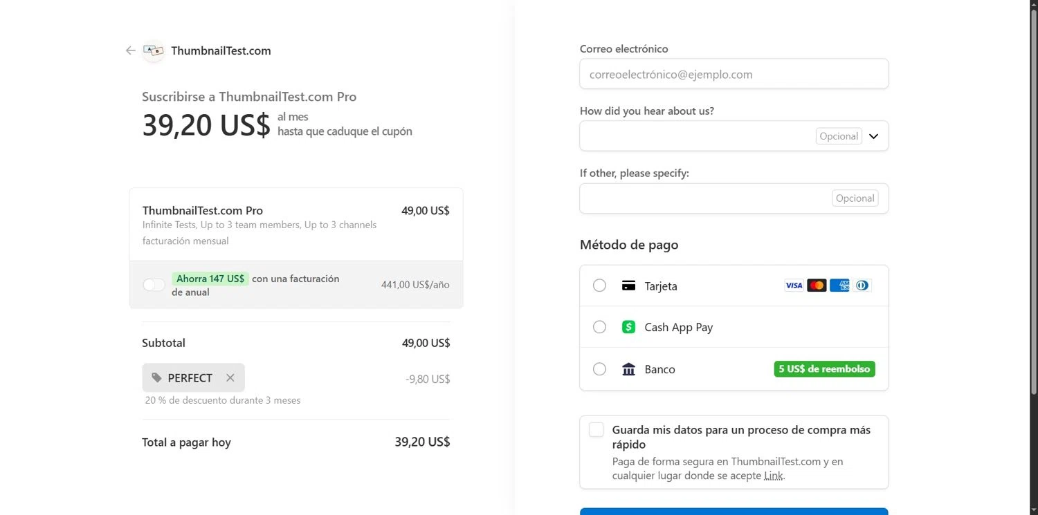 Thumbnail Test promo code screenshot showing code PERFECT applied at Thumbnail Test checkout page. Uploaded by SimplyCodes community member Depressive on Oct 30, 2025