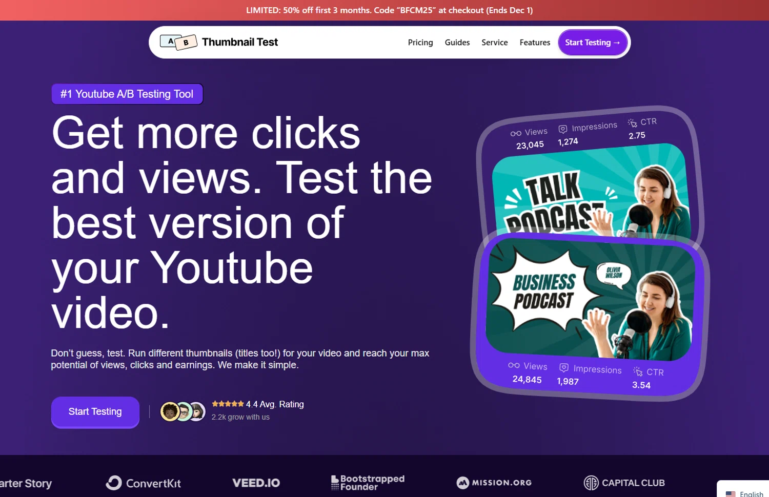 Thumbnail Test promo code screenshot showing code BFCM25 applied at Thumbnail Test checkout page. Uploaded by SimplyCodes community member usermariee on Nov 29, 2025