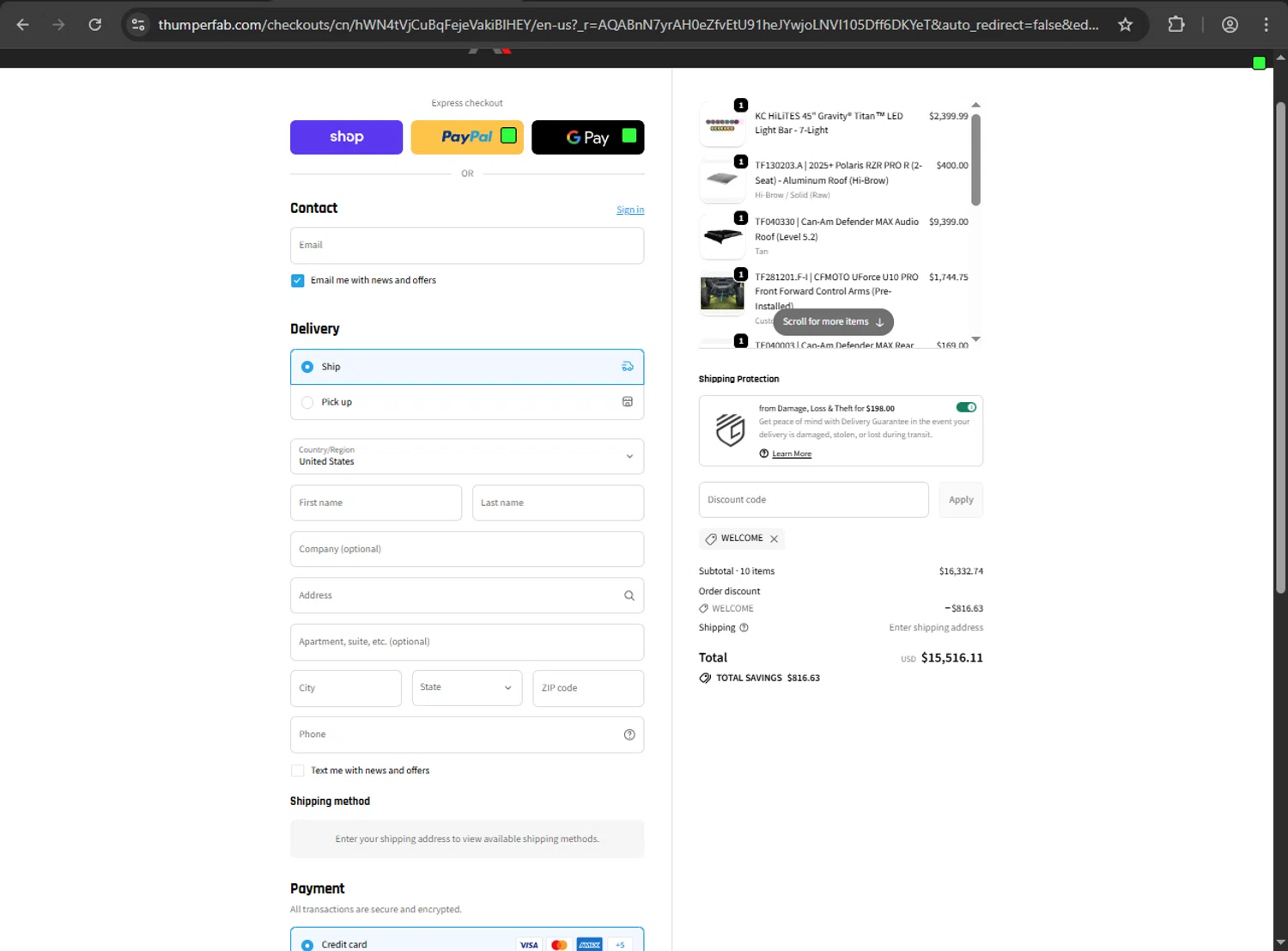 Thumper Fab discount code screenshot showing code WELCOME applied at Thumper Fab checkout page. Uploaded by SimplyCodes community member ShrewdDefender8496 on Nov 4, 2025
