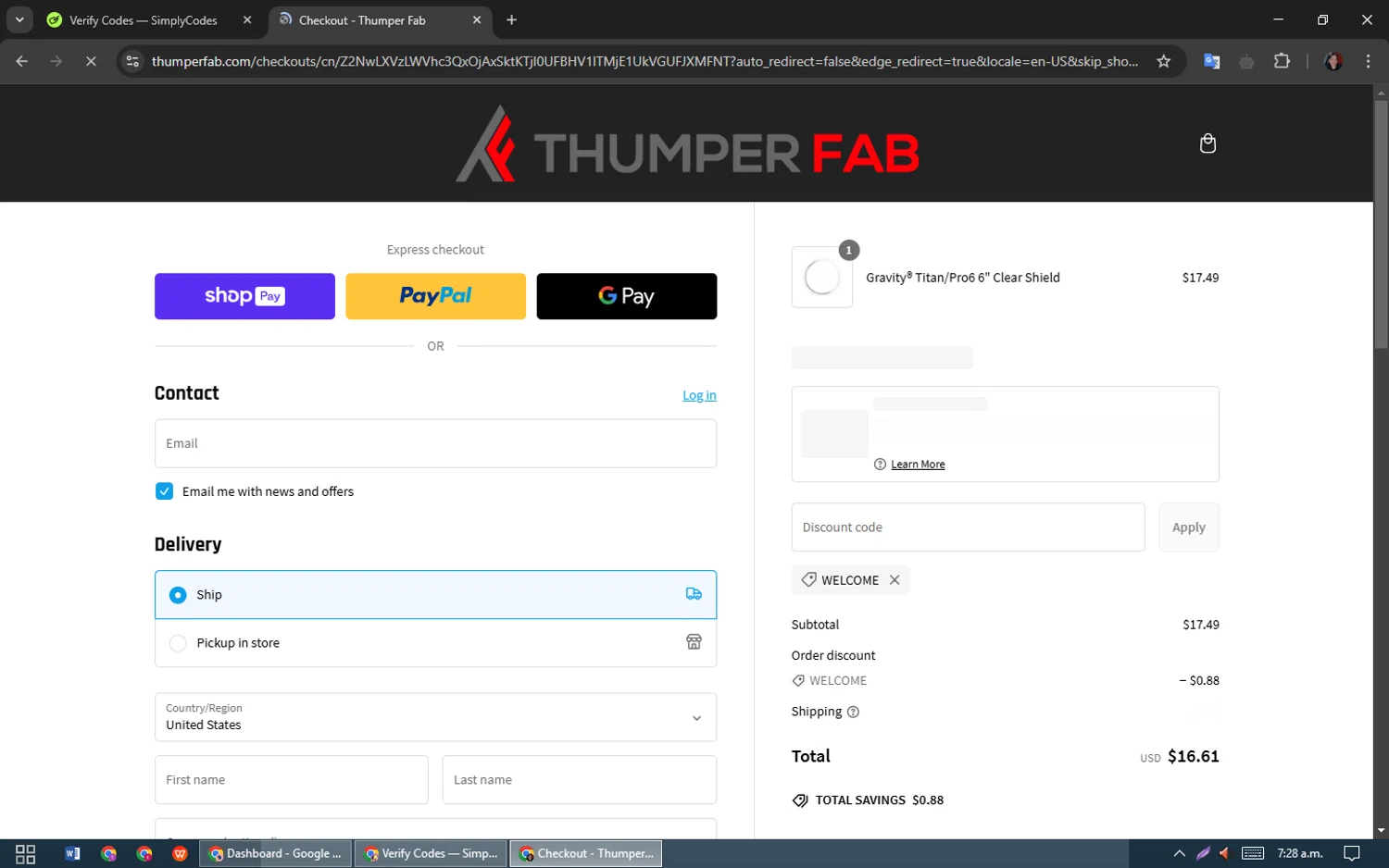 Thumper Fab discount code screenshot showing code WELCOME applied at Thumper Fab checkout page. Uploaded by SimplyCodes community member oooooi on Feb 8, 2025