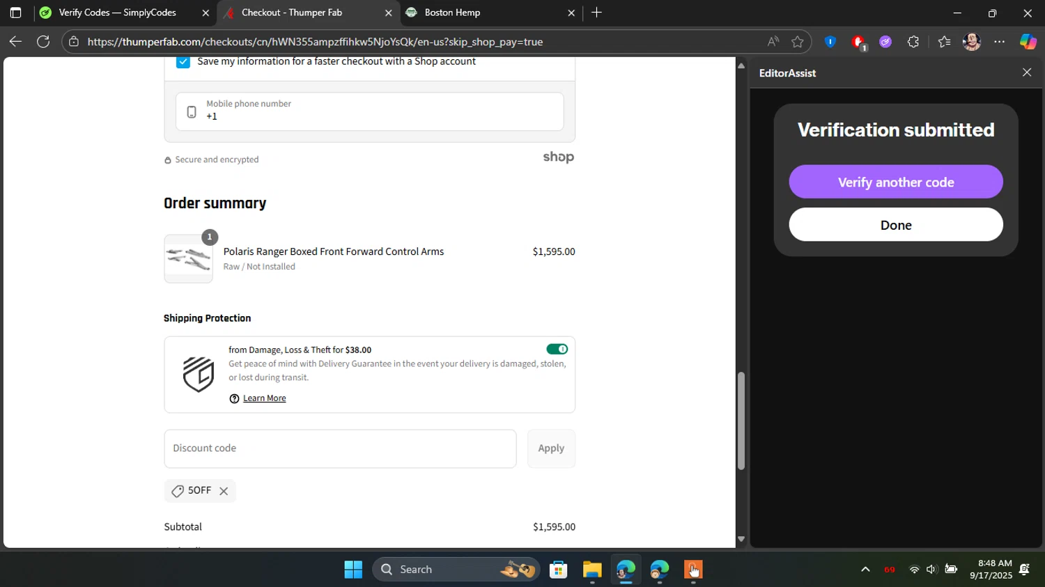 Thumper Fab discount code screenshot showing code 5OFF applied at Thumper Fab checkout page. Uploaded by SimplyCodes community member Blackleg_Sanji on Sep 17, 2025