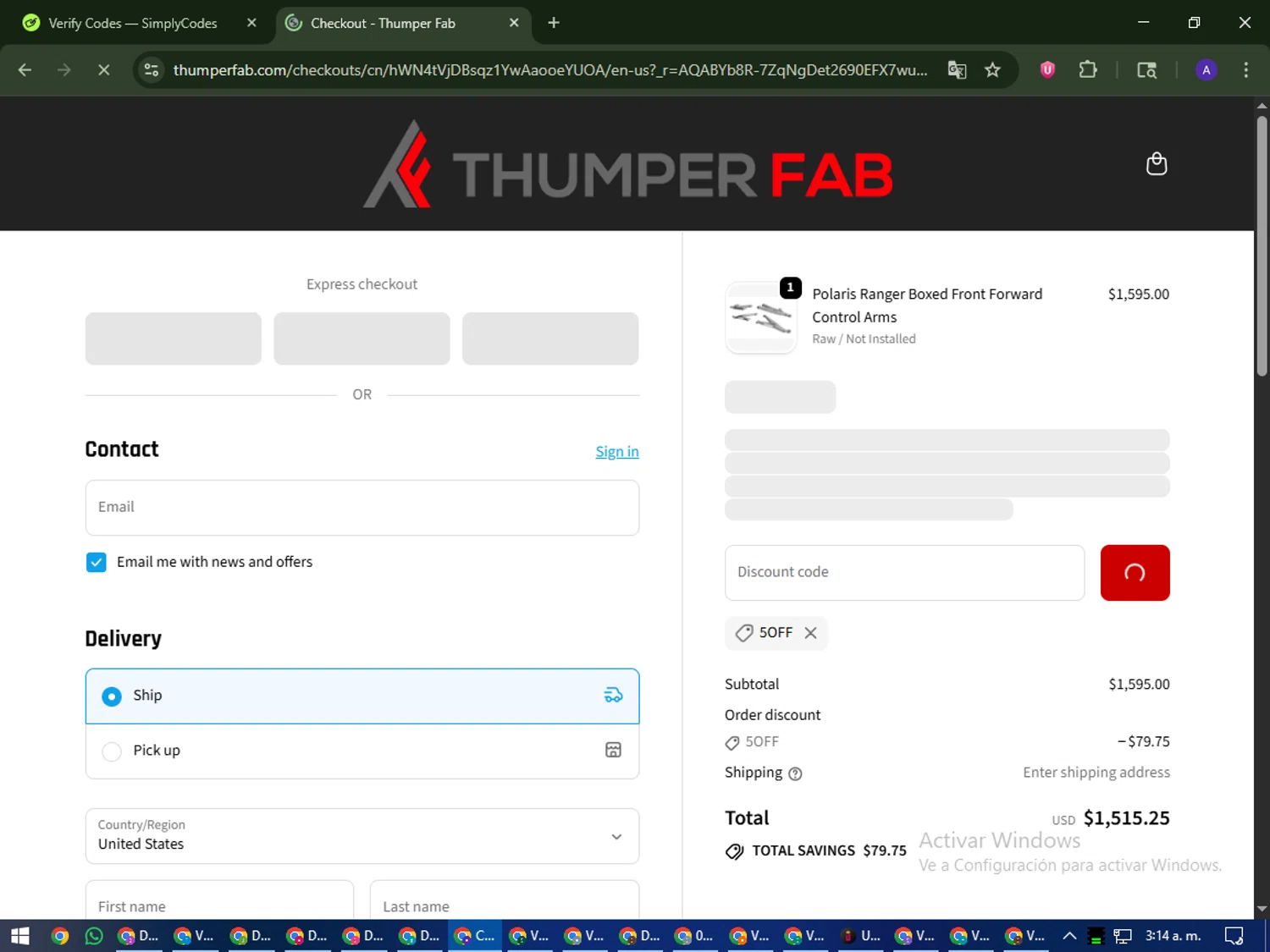 Thumper Fab discount code screenshot showing code 5OFF applied at Thumper Fab checkout page. Uploaded by SimplyCodes community member MagnificentWarden4603 on Nov 4, 2025