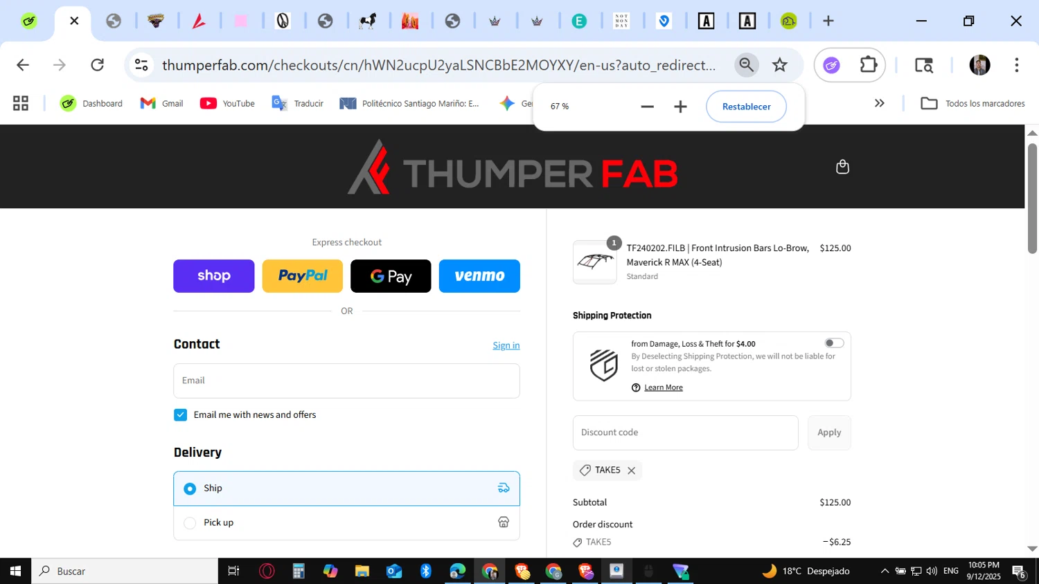 Thumper Fab discount code screenshot showing code TAKE5 applied at Thumper Fab checkout page. Uploaded by SimplyCodes community member KataldoMustafack on Sep 13, 2025