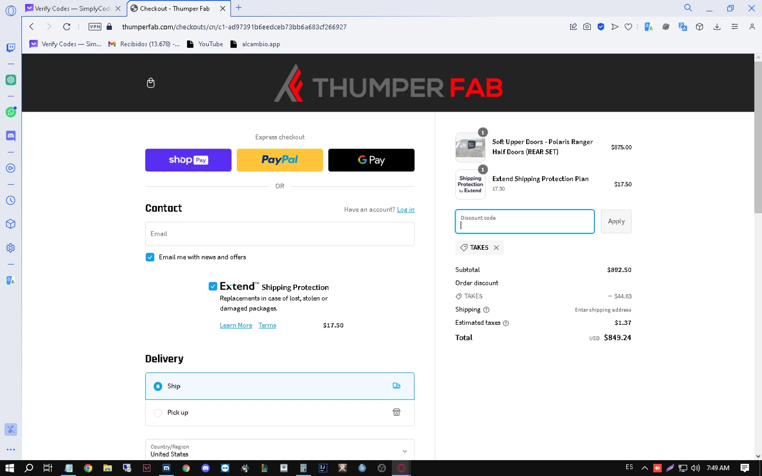 where to use Thumper Fab promo code box