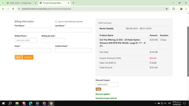 Thunder Mountain Bikes checkout page showing Thunder Mountain Bikes discount code box | Screenshot taken by SimplyCodes community member on Aug 30, 2025