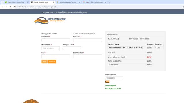 Thunder Mountain Bikes checkout page showing Thunder Mountain Bikes discount code box | Screenshot taken by SimplyCodes community member on Sep 4, 2025