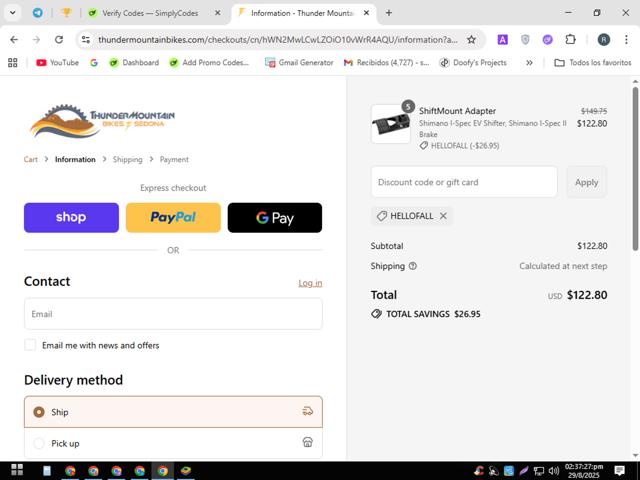 Thunder Mountain Bikes checkout page showing Thunder Mountain Bikes discount code box | Screenshot taken by SimplyCodes community member on Aug 29, 2025
