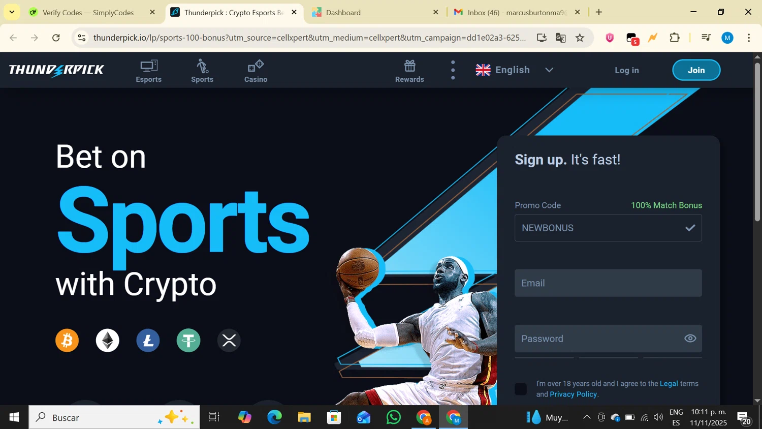 Thunderpick promo code screenshot showing code NEWBONUS applied at Thunderpick checkout page. Uploaded by SimplyCodes community member LegendaryAce4371 on Nov 12, 2025