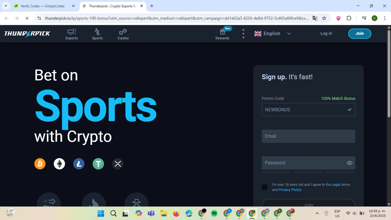 Thunderpick promo code screenshot showing code NEWBONUS applied at Thunderpick checkout page. Uploaded by SimplyCodes community member VoucherBoss6971 on Jun 24, 2025