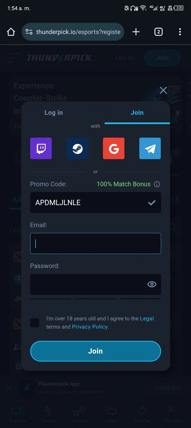 Thunderpick promo code screenshot showing code APDMLJLNLE applied at Thunderpick checkout page. Uploaded by SimplyCodes community member Sasuk3 on Sep 24, 2025