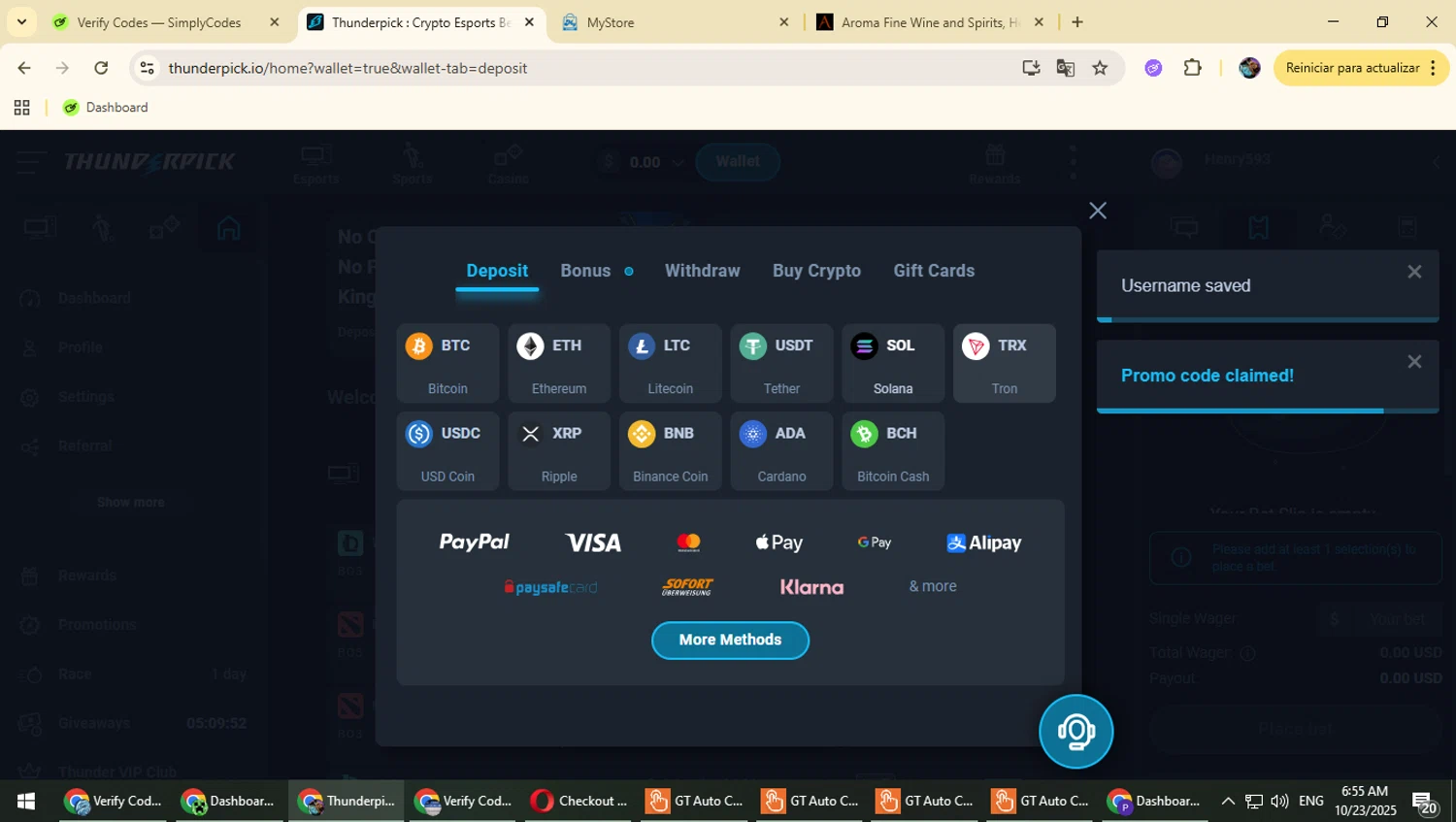 Thunderpick promo code screenshot showing code APDMLJLNLE applied at Thunderpick checkout page. Uploaded by SimplyCodes community member Typhlosion on Oct 23, 2025