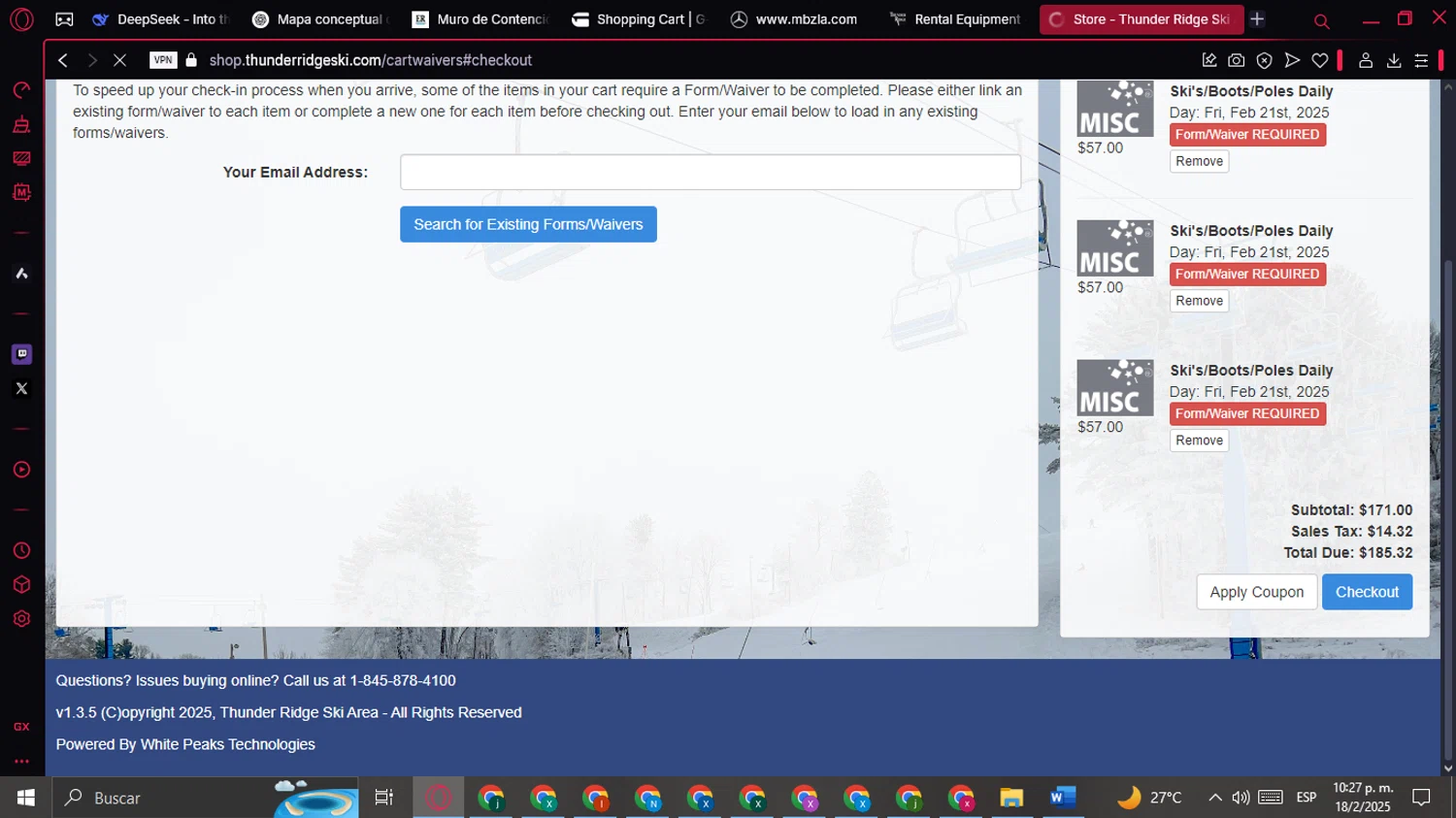 Thunder Ridge Ski promo code screenshot showing code FLASH applied at Thunder Ridge Ski checkout page. Uploaded by SimplyCodes community member CashChaser8387 on Feb 19, 2025