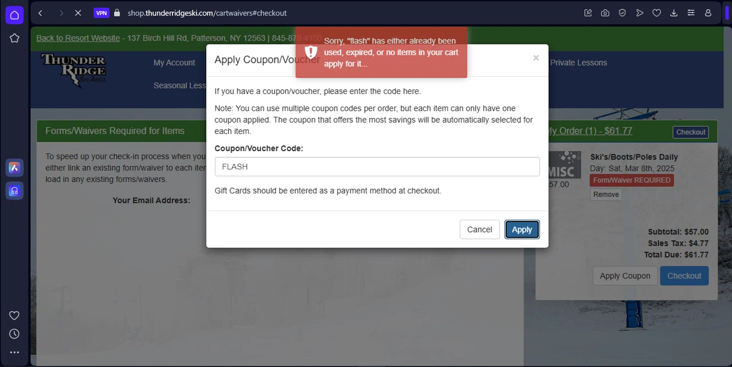 Thunder Ridge Ski promo code screenshot showing code FLASH applied at Thunder Ridge Ski checkout page. Uploaded by SimplyCodes community member SilverKnight4465 on Mar 8, 2025