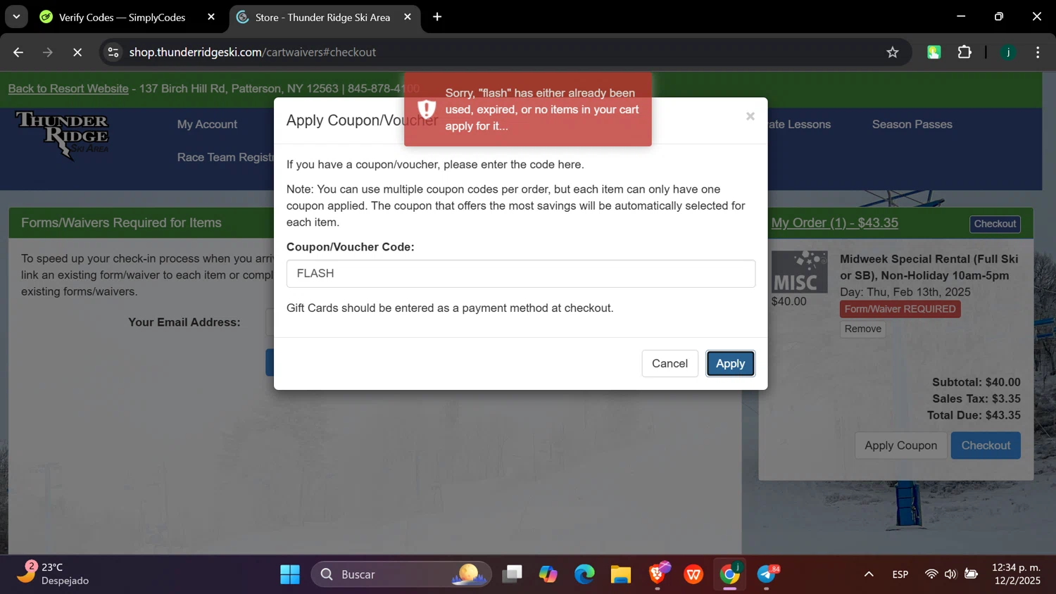 Thunder Ridge Ski promo code screenshot showing code FLASH applied at Thunder Ridge Ski checkout page. Uploaded by SimplyCodes community member hanzell03 on Feb 12, 2025