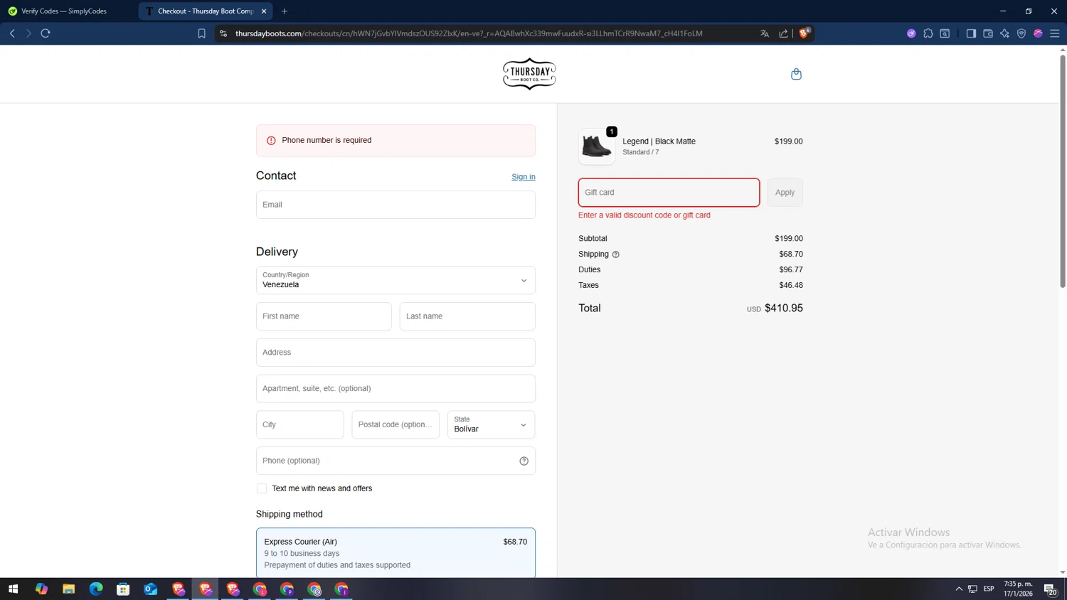 Thursday Boots promo code screenshot showing code LYONS23 applied at Thursday Boots checkout page. Uploaded by SimplyCodes community member TokenSaver1205 on Jan 17, 2026