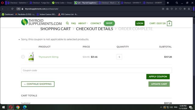 Thyrovanz checkout page showing Thyrovanz coupon code box | Screenshot taken by SimplyCodes community member on Nov 13, 2024