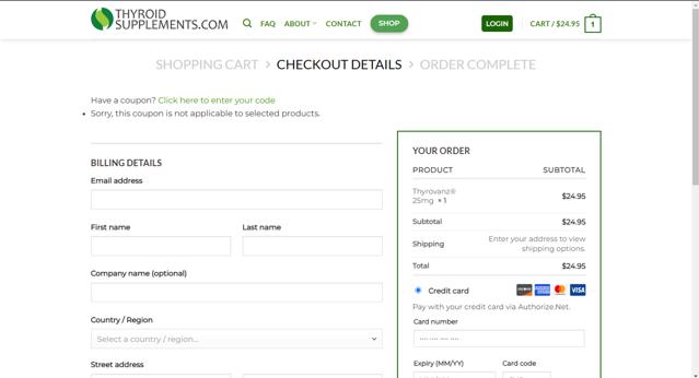 Thyrovanz checkout page showing Thyrovanz coupon code box | Screenshot taken by SimplyCodes community member on Nov 13, 2024