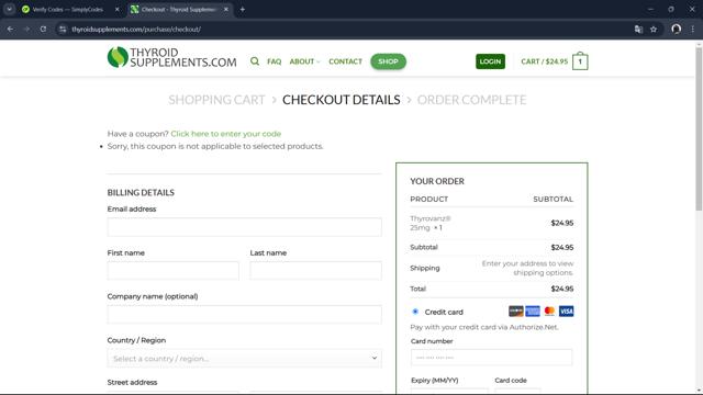 Thyrovanz checkout page showing Thyrovanz coupon code box | Screenshot taken by SimplyCodes community member on Nov 13, 2024